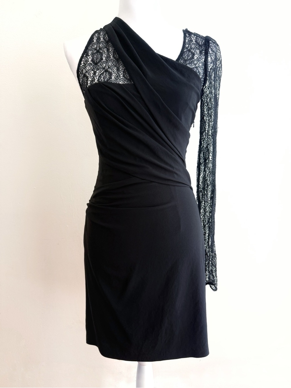 HELMUT LANG BLACK SHEER LACE SINGLE LONG SLEEVE RUCHED GATHERED MINI DRESS